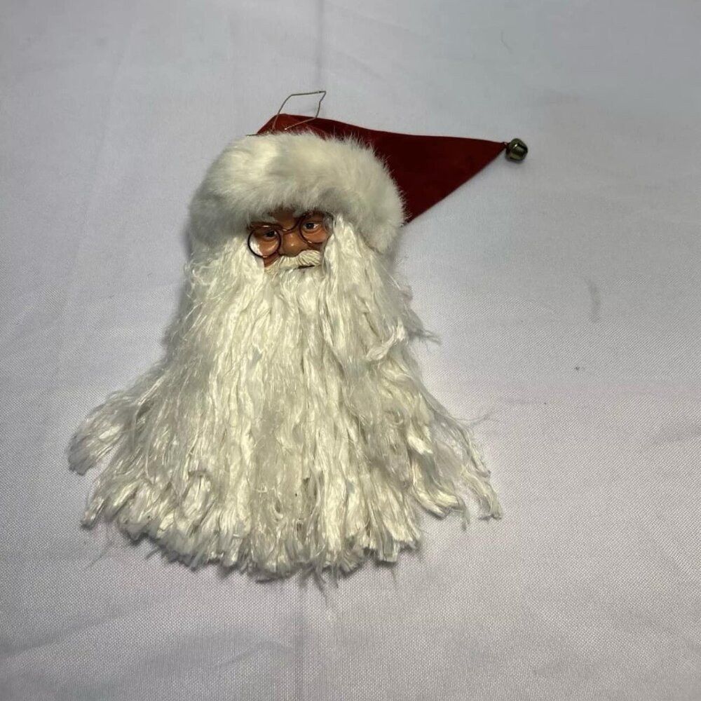 Vintage Hard Plastic / Rubber Santa Head Ornament Hat W/ Bell Glasses, Beard